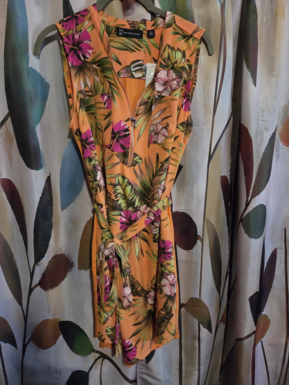 NY Collection Orange Tropical Floral Sleeveless Dress